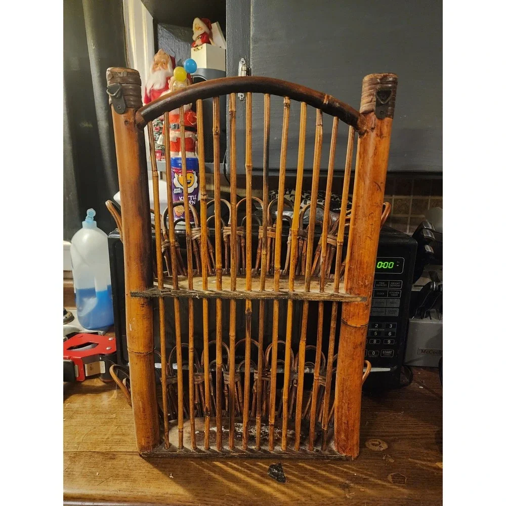 Vintage Large Bamboo Wall Hanging Rack Shelf, Rare Magazine Rack MCM‎ 1960s